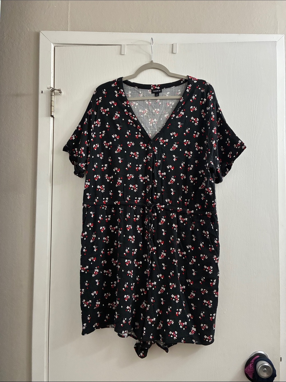 torrid Black Floral V-Neck Top with Red & White Blooms